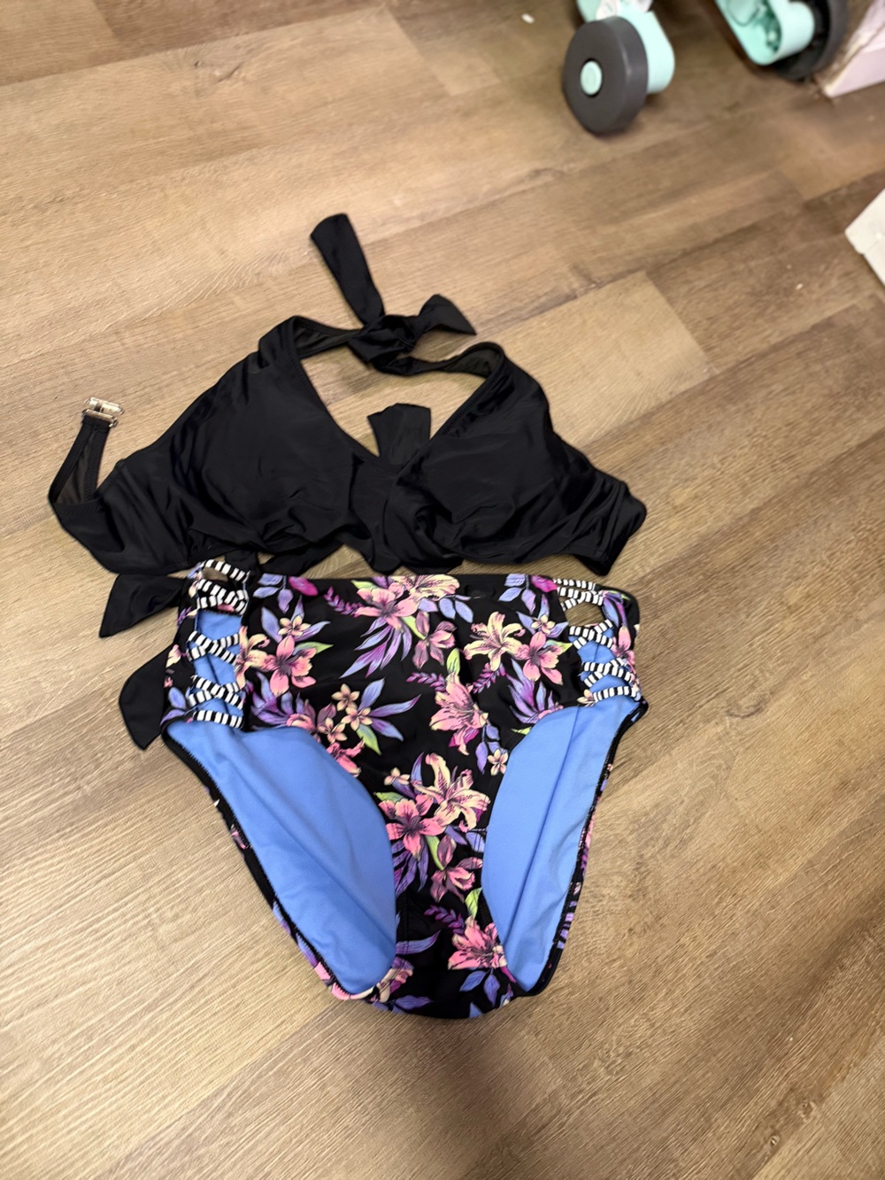 Time and Tru Black Floral Trim Bikini Top with Light Blue Lining